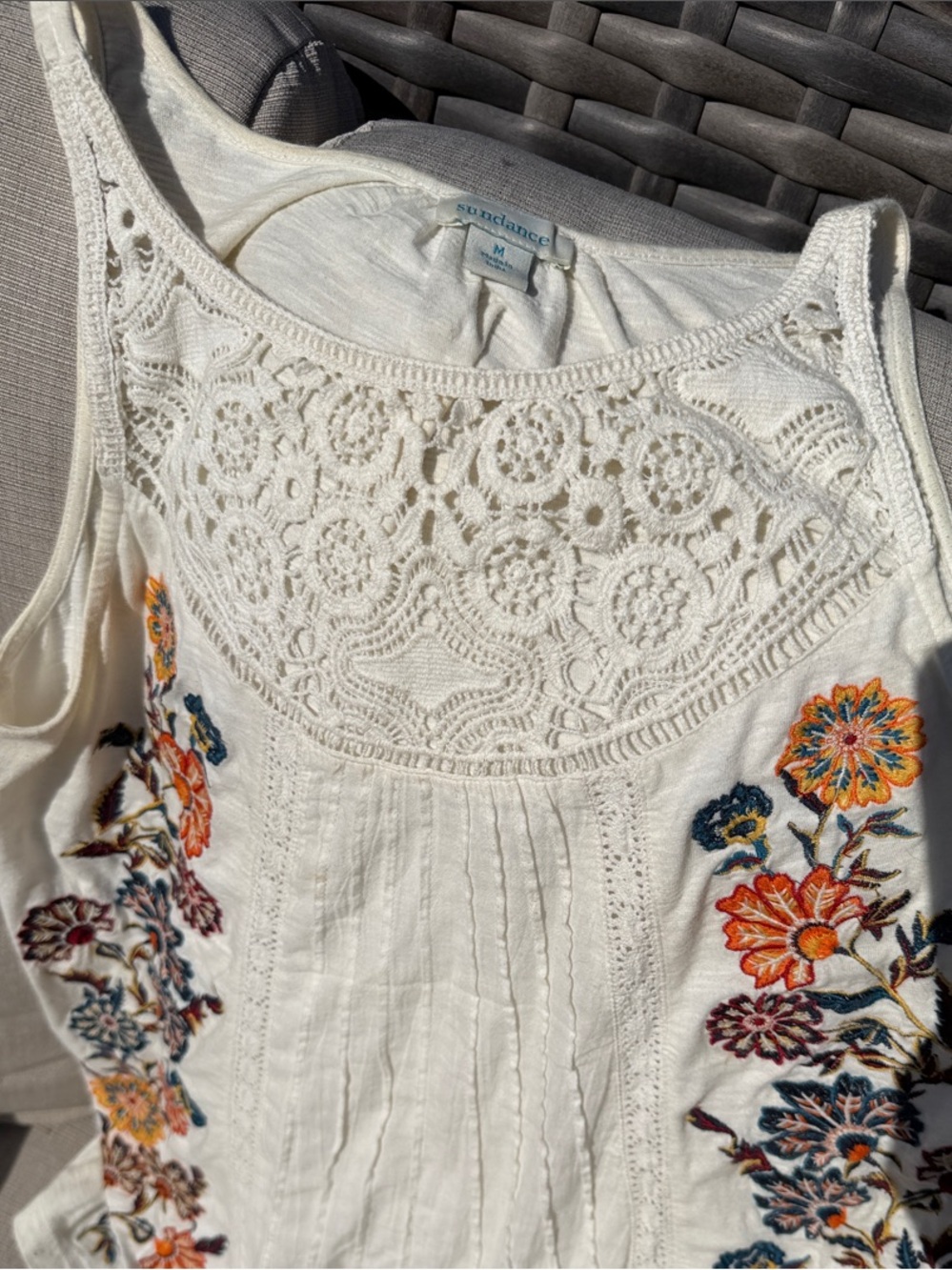 Sundance Cream Tank with Multicolor Floral Embroidery and Crochet Yoke